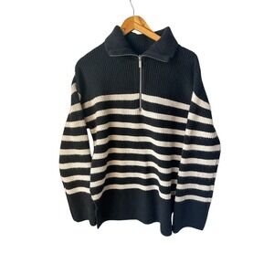 H & M Sweater Knit Wool Blend Striped Black/Cream Half Zip Pullover Oversized XS
